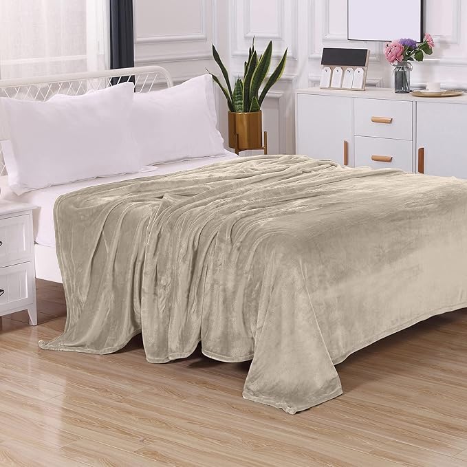 Elegant Comfort Luxury Velvety Feel Blanket, All-Season Lightweight Blanket, Ultra Plush, Soft, Cozy-Fuzzy Flannel Fleece for Couch, Sofa, Bed, Travel, Solid Design, Full/Queen, Cream-Beige