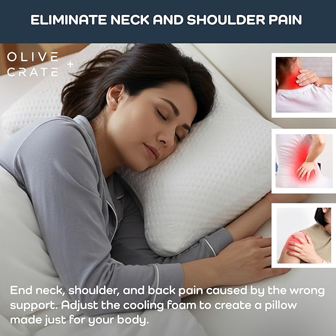Olive + Crate BreathePure™ Adjustable Cooling Shredded Memory Foam Pillow - Breathable Bamboo Viscose Cover for Temperature Control - Crescent Gel Pillows for Side Sleepers - Queen Size