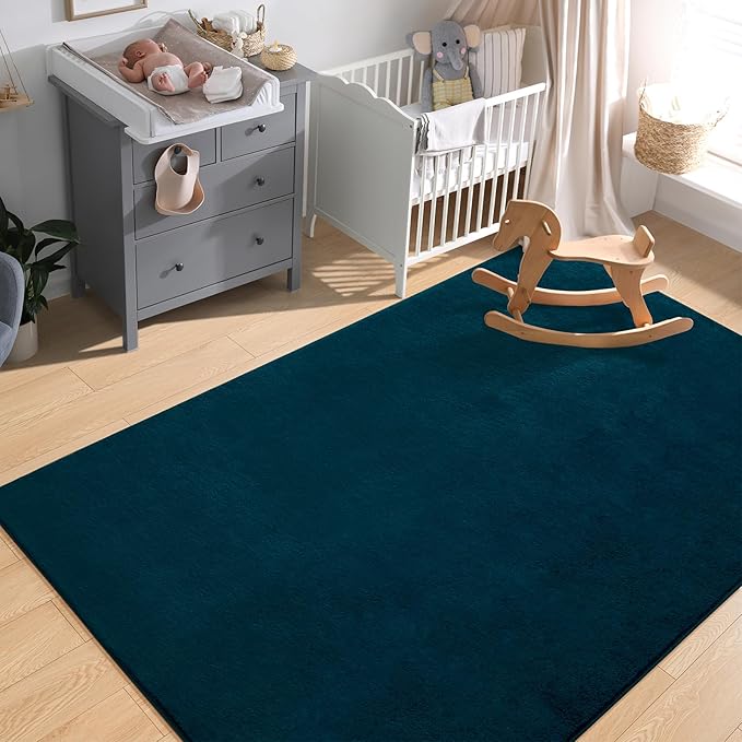 Softlife Navy Blue Area Rug for Bedroom Living Room, Solid Non-Slip 6x9 Fluffy Carpet with Soft Low Pile for Kids Boys Girls, Machine Washable Fuzzy Aethetic Rugs Home Dorm Decor
