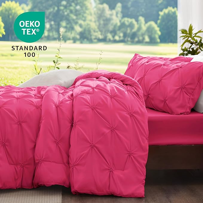 BEDELITE Hot Pink King Size Comforter Set - 3 Pieces Boho Pintuck Bedding Comforter Sets, Lightweight Soft & Warm King Bedding Set with 2 Pillowcases for All Season