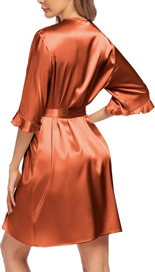 Ekouaer Women's Satin Robe Valentines Lingerie for Women Kimono Bathrobe Short Ruffle Belted Robes Bridesmaids Sleepwear