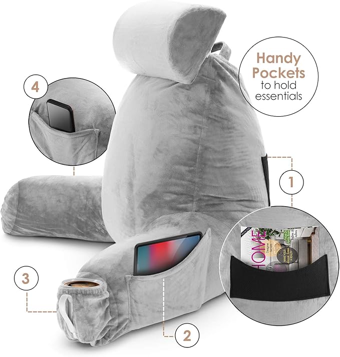 Clara Clark Reading Pillow with Shredded Memory Foam Includes 2 Neck and Lumber Support Pillows, Designed for Sitting Up in Bed and Couch Back and Arms Adjustable Support for Adults & Teens Light Grey