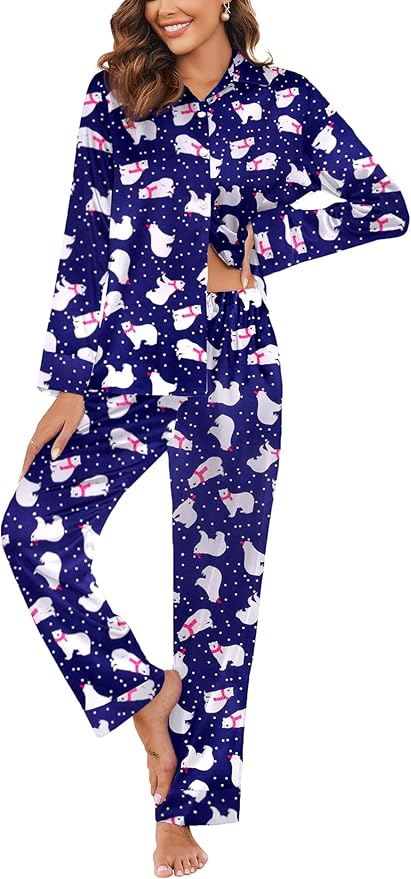 Ekouaer Women Satin Silk Pajamas Classic Long Sleeve Button Down Pjs Set Soft Loungewear