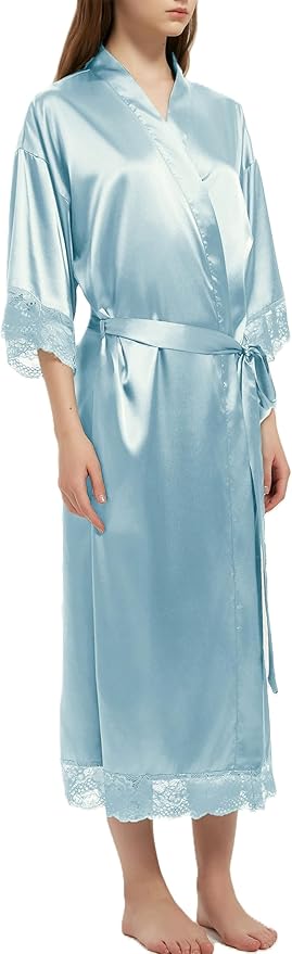 Long Satin Robes for Women Ankle Length Kimono Robes Silky Bridal Party Robes with Lace Trim Bridesmaid Loungewear Sleepwear