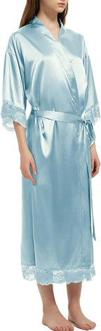 Long Satin Robes for Women Ankle Length Kimono Robes Silky Bridal Party Robes with Lace Trim Bridesmaid Loungewear Sleepwear