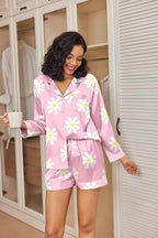 Ekouaer Satin Pajama Set for Women Button Down Pj Set Long Sleeve Top and Shorts 2 Piece Loungewear Summer Soft Sleepwear