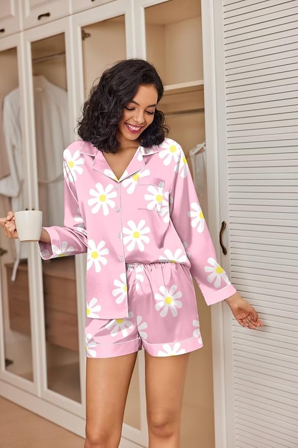 Ekouaer Satin Pajama Set for Women Button Down Pj Set Long Sleeve Top and Shorts 2 Piece Loungewear Summer Soft Sleepwear