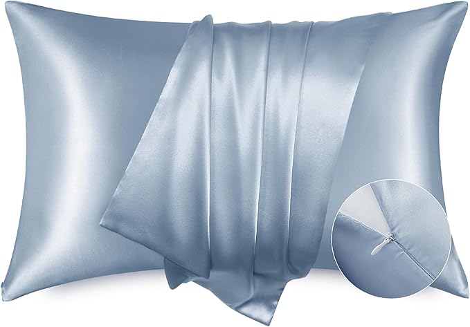 Bedsure Satin Pillowcase with Zipper, Similar to Silk Pillow Cases 2 Pack, Satin Pillow Cases King, Silky & Soft Bedding Pillow Covers for Hair and Skin, Gifts for Women Men, Stone Blue, 20x36 Inches
