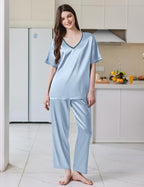 Ekouaer Satin Pajama Set for Women Short Sleeve Silky Pjs 2 Piece Lounge Sets Soft Comfy Sleepwear Loungewear S-XXL