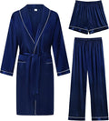 SWOMOG Men's Satin Robe 3 Pcs Silky Kimono Bathrobe Set Lightweight Soft Loungewear Nightwear