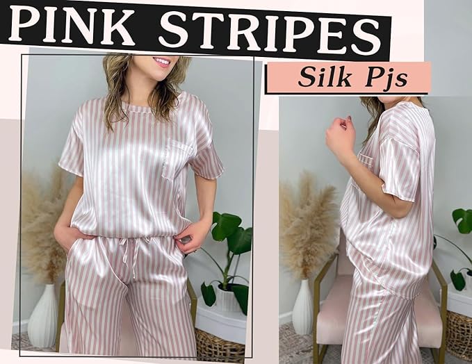Ekouaer Womens Satin Silky Pajama Set Short Sleeve Shirt with Long Pajama Pant Set Soft PJ Loungewear