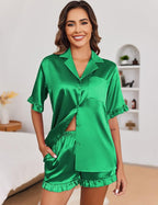 Ekouaer Satin Pajama Set for Women Button Down Silk 2 Piece Pj Sets Ruffle Short Sleeve Sleepwear