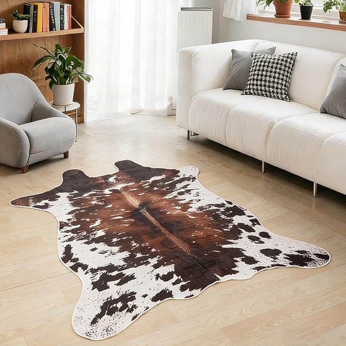 Cow Print Rug, Faux Fur Western Rug 5.2x6.5 Feet Non-Slip Animal Print Washable Faux Cashmere Carpet for Living Room, Western Bedroom Decor, Rustic Farmhouse Home Office