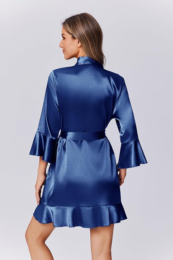 Ekouaer Women's Satin Robe Short Ruffle Hem Silky Robes Lightweight Kimono Brides Bathrobes Sleepwear XS-XXL