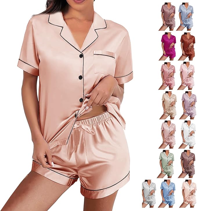 WJing Yi Jia Womens Silk Satin Pajamas Loungewear Two-Piece Sleepwear Button-Down Floral Pj Set XS-4XL