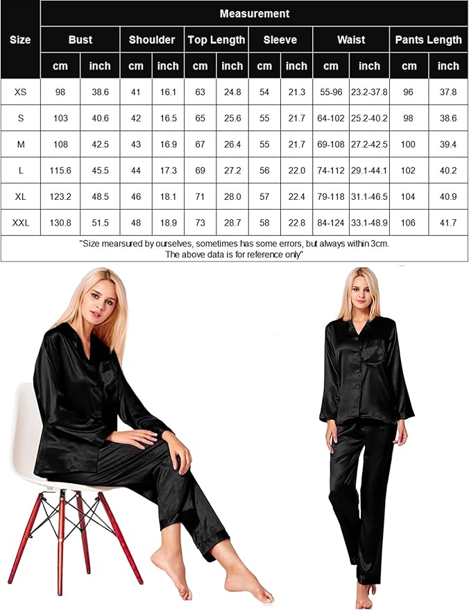 SWOMOG Long Sleeve Pajamas Set Silk Satin Sleepwear Button Down Pjs Loungewear with Pocket