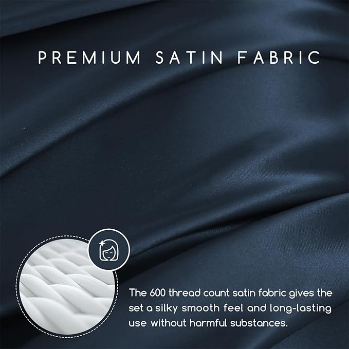 MR&HM Satin Bed Sheets with Elastic Corner Straps, King Size Sheets Set, 4 Pcs Silky Bedding Set with 15 Inches Deep Pocket for Mattress (King, Mood Indigo)