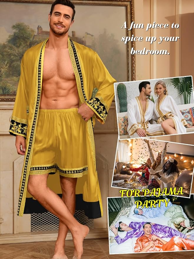 ChiaoLezhee Men's Luxury Silky Robe & Shorts Set, 2PC Lightweight Satin Pajamas with Pockets, Opulent Baroque Kimono Gifts