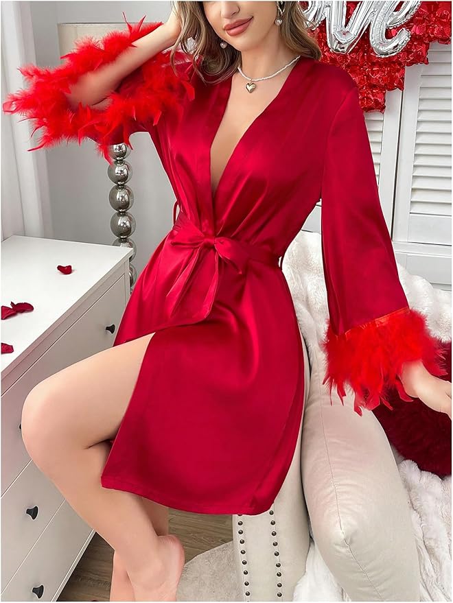 GORGLITTER Women's Satin Kimono Robe Feather Silk Robes Bridal Party Bridesmaid Robes