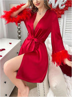 GORGLITTER Women's Satin Kimono Robe Feather Silk Robes Bridal Party Bridesmaid Robes