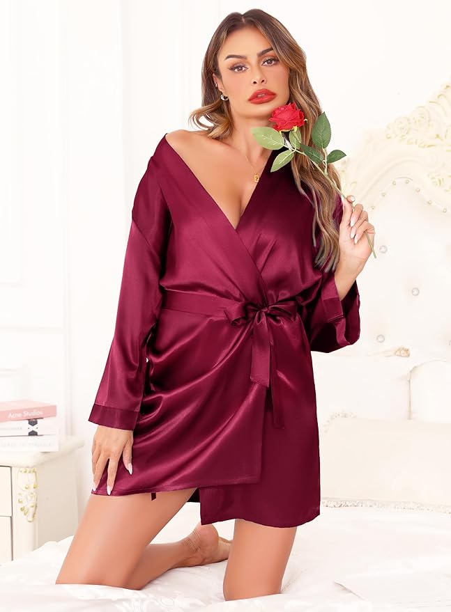 Women's Robes Satin Bathrobe Lightweight Short Silk Kimono V-Neck Bride Bridesmaids Loungewear