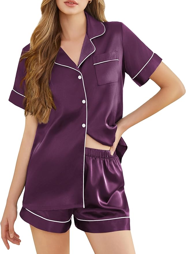 Silk Pajamas for Women Short Sleeve Sleepwear Soft Button Down Loungewear 2 Piece Satin Pjs Shorts Set S-XXL