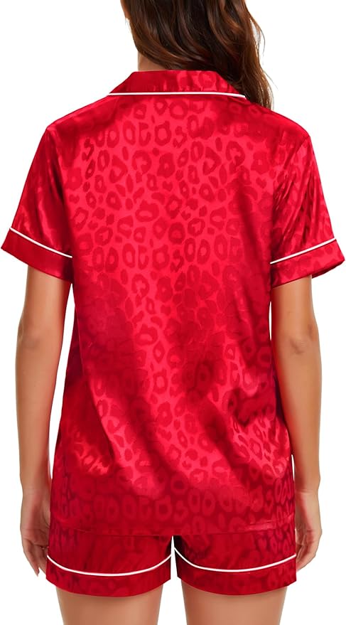 LecGee Womens Silk Satin Pajamas Short Sleeve Loungewear Two-Piece Sleepwear Button-Down Pj Set