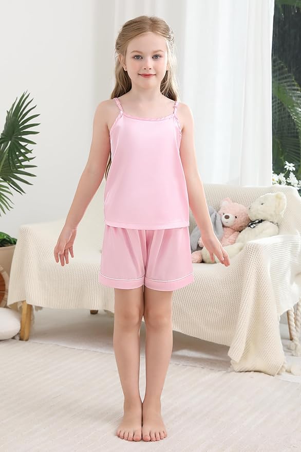 Weixinbuy Girls Pajamas Silk PJS Set Sleeveless Pajama Tank Elastic Waist Shorts Sleepwear Kids Summer Nightwear Clothes Set