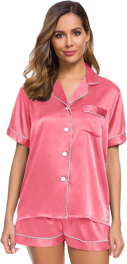 SWOMOG Womens Silk Satin Pajamas Set Short Sleeve Sleepwear Button Down Top and Shorts Loungewear 2 Piece Pjs Set XS-3XL