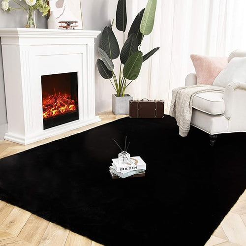 Ashler Faux Fur Rug, Ultra Soft Faux Rabbit Fur, Black Area Rugs, 6 x 9 Feet Rectangle, Machine Washable Nursery Decor Throw Rugs for Bedroom, Kids Room, Living Room
