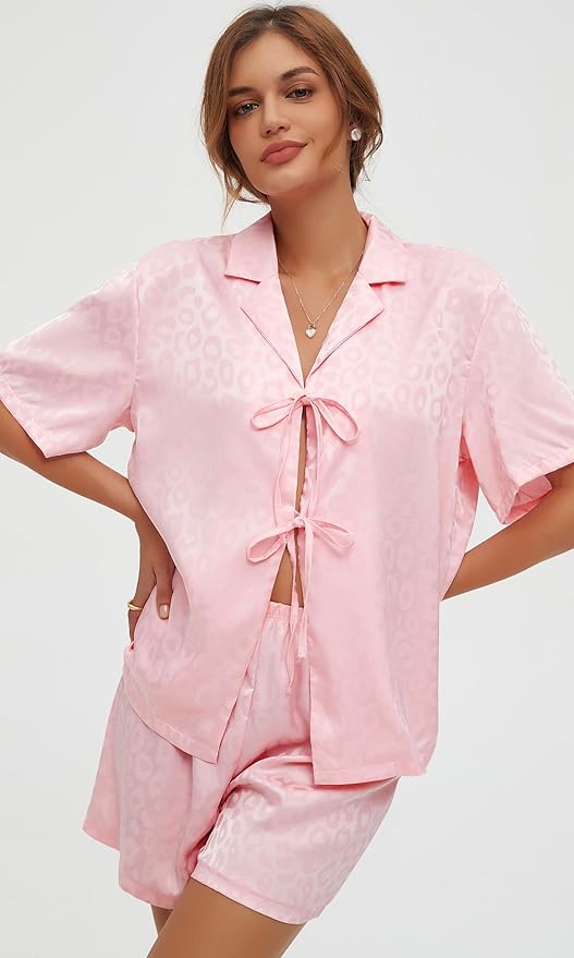 CHYRII Women's Silk Satin Pajamas Sets Tie Front Short Sleeve Tops and Shorts Two Piece Pj Sets Sleepwear