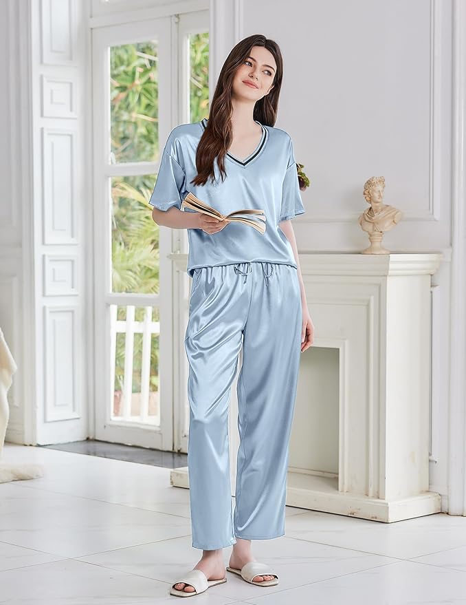 Ekouaer Satin Pajama Set for Women Short Sleeve Silky Pjs 2 Piece Lounge Sets Soft Comfy Sleepwear Loungewear S-XXL