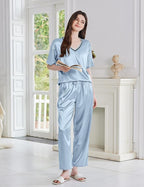 Ekouaer Satin Pajama Set for Women Short Sleeve Silky Pjs 2 Piece Lounge Sets Soft Comfy Sleepwear Loungewear S-XXL
