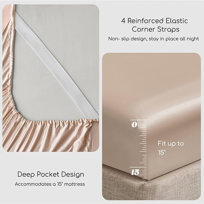 MR&HM Satin Bed Sheets, Queen Size Sheets Set, 4 Pcs Silky Bedding Set with 15 Inches Deep Pocket for Mattress (Queen, Champagne)