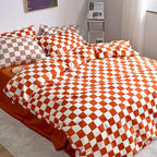 CLOTHKNOW Orange Plaid Queen Comforter Set 3Pcs Grid Bedding Comforter Sets Soft Checker Queen Comforter Burnt Orange Queen Size Comforter Sets