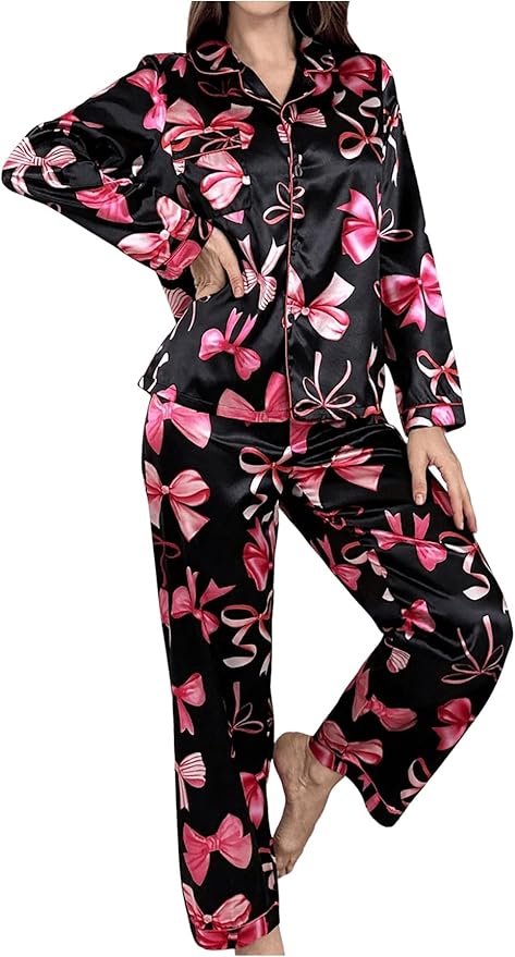 WDIRARA Women's 2 Piece Bowknot Print Satin Pajama Set Long Sleeve Button Down Lounge Pants Sleepwear Sets