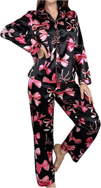 WDIRARA Women's 2 Piece Bowknot Print Satin Pajama Set Long Sleeve Button Down Lounge Pants Sleepwear Sets