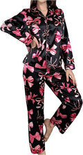 WDIRARA Women's 2 Piece Bowknot Print Satin Pajama Set Long Sleeve Button Down Lounge Pants Sleepwear Sets