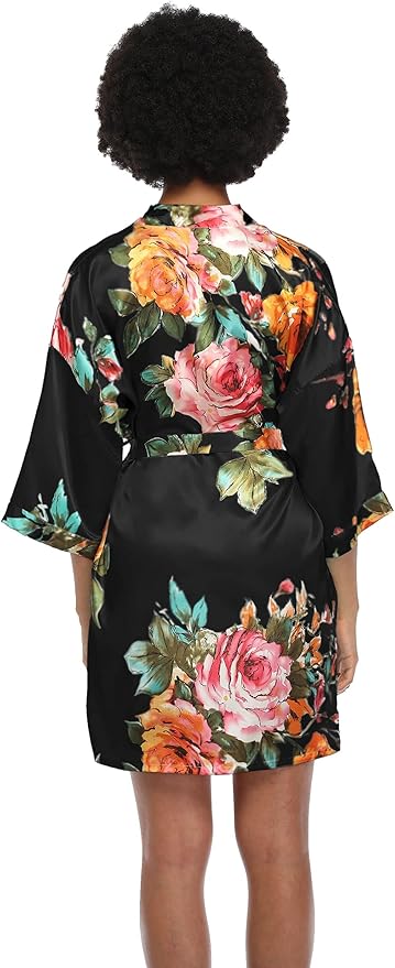 MissNina Women's Floral Satin Kimono Robes Short Silky Bridesmaid Robes Sleepwear