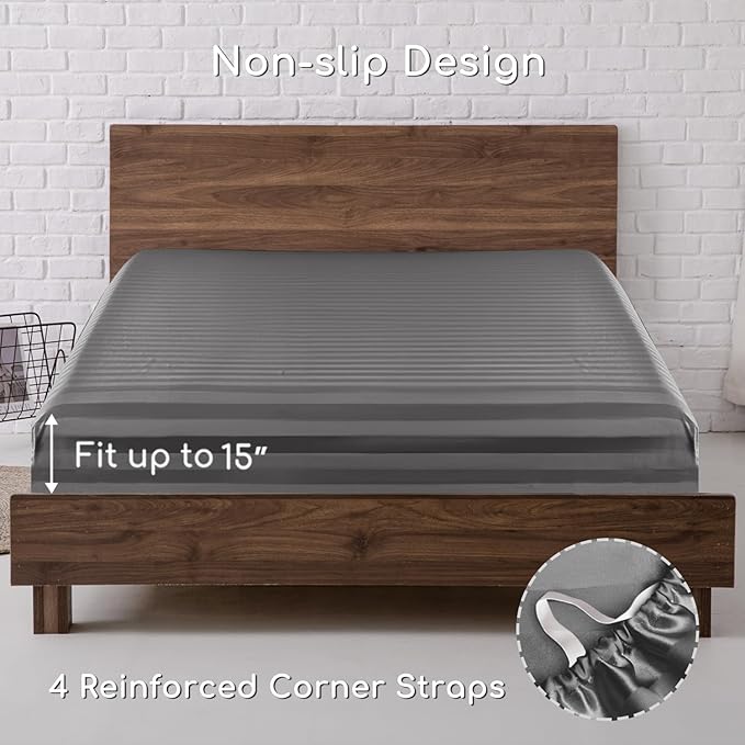 MR&HM Satin Bed Sheets, Queen Size Sheets Set, 4 Pcs Silky Bedding Set with 15 Inches Deep Pocket for Mattress (Queen, Dark Grey Striped)