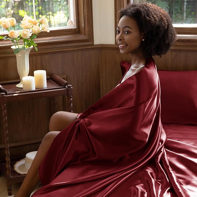 CozyLux Satin Sheets Queen Size Bed Set - 6 Piece Silky Queen Sheet Set, Luxury Burgundy Queen Sheets with Smooth and Soft Microfiber, Includes 1 Fitted Sheet, 1 Flat Sheet and 4 Pillowcases