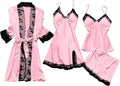 Women's 4pcs Silk Satin Pajamas Set Floral Lace Trim Dress with Robe Lounge Sleepwear Nightdress Novelty Loungewear