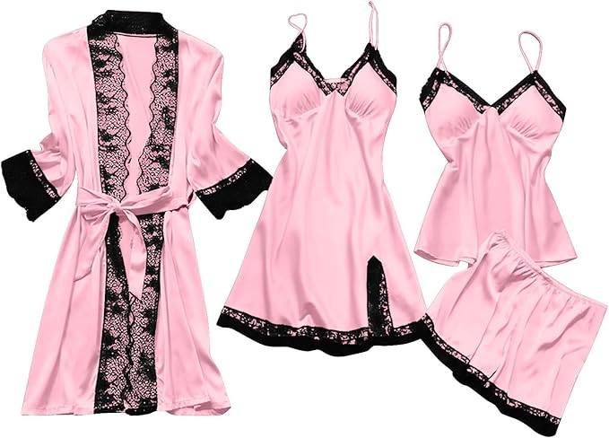 Women's 4pcs Silk Satin Pajamas Set Floral Lace Trim Dress with Robe Lounge Sleepwear Nightdress Novelty Loungewear