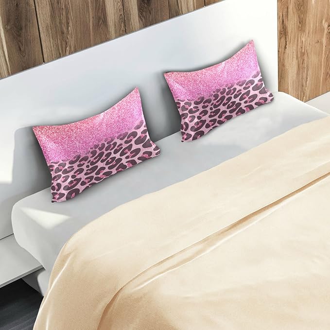 Satin Pillowcase for Hair and Skin, Pink Glitters Leopard Prints Silk Pillowcase Soft and Cozy Body Pillow Covers, Standard Size Satin Pillow Cases with Envelope Closure(20x26 Inch), 1PC