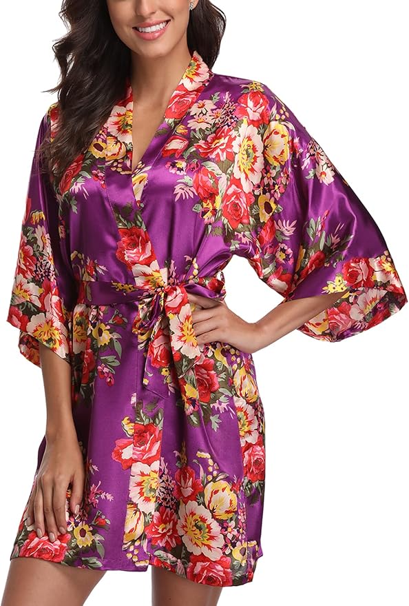 Women's Floral Satin Robes Bride Bridesmaid Getting Ready Robe Short Silky Kimono Sleepwear for Wedding Party