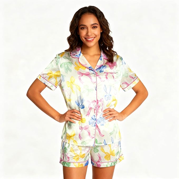 ASTANFY Silk Satin Pajama Set Womens Silk Satin 2 Piece Pjs Shorts Sleepwear Christmas Button Down Shirt Bride Pj Lounge Sets