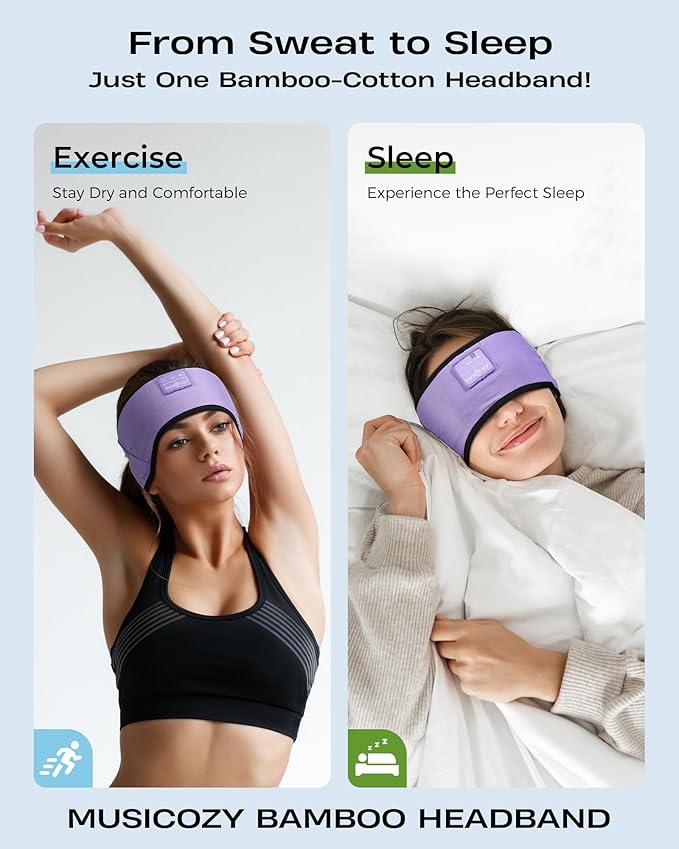 MUSICOZY Sleep Headphones Soft Bamboo Cotton Headband Headphones for Sleeping, Sleep Headphone Wireless Bluetooth 5.4 with Ultra-Thin HD Stereo Speaker for Unique Gifts(Lavender Purple)