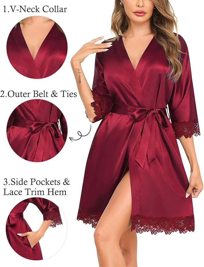 SWOMOG Women's Satin Robe Set 2 Piece Sexy Pajamas Sets Lace Cami Nightgown and Silk Robes Nightwear