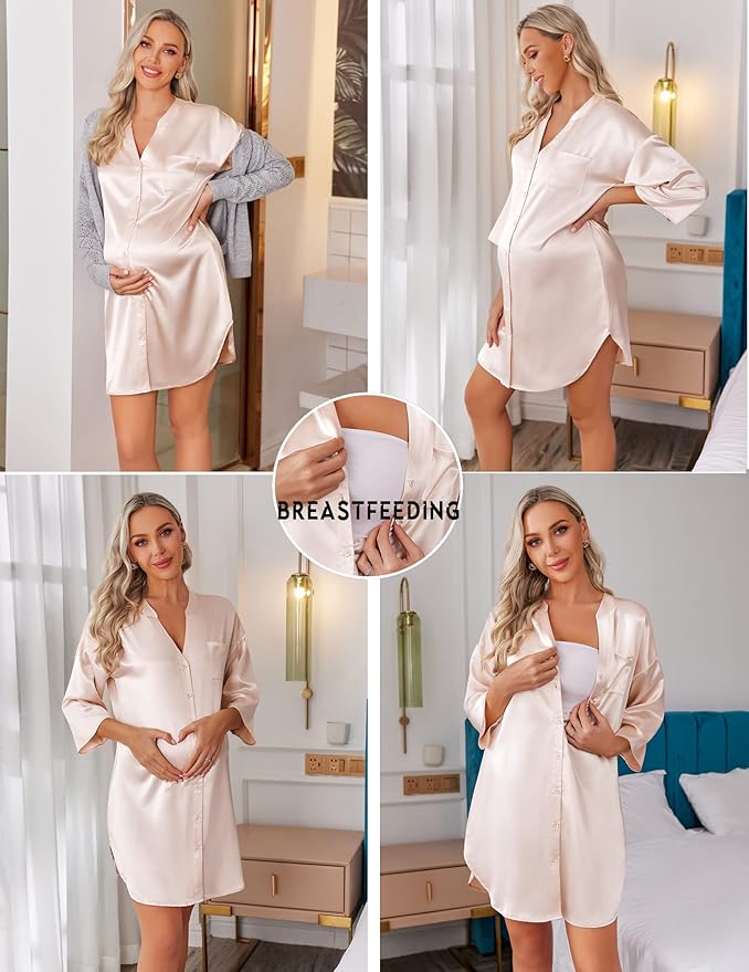 Ekouaer Satin Nightgowns for Women Silk Sleepwear Button Down Sleepshirt 3/4 Sleeve V-Neck Nightshirts with Pockets