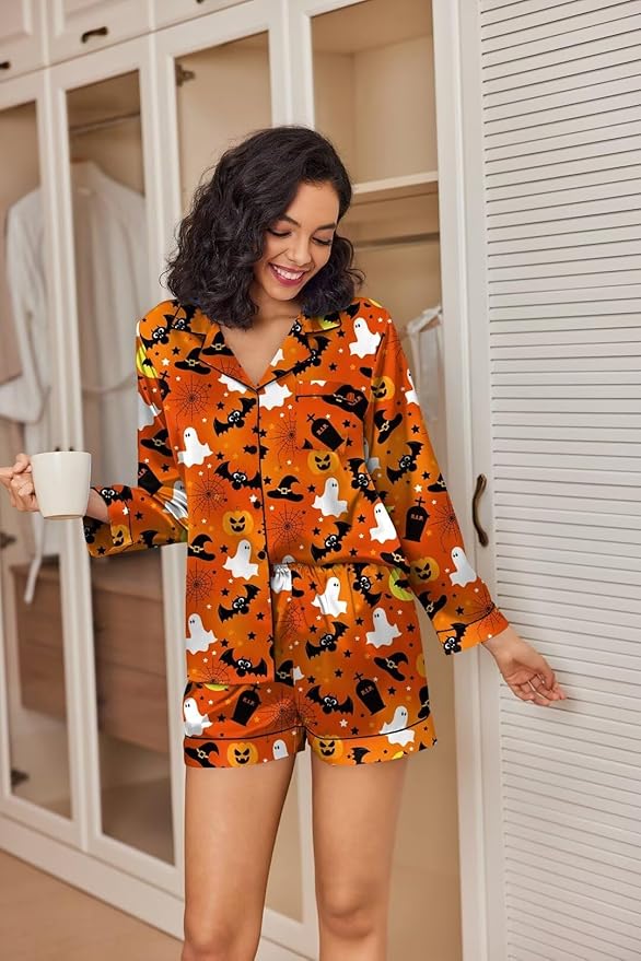 Ekouaer Satin Pajama Set for Women Button Down Pj Set Long Sleeve Top and Shorts 2 Piece Loungewear Summer Soft Sleepwear